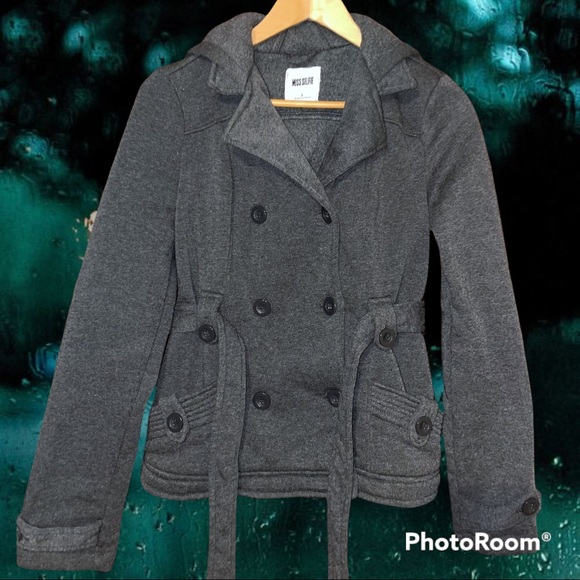 MISS SELFIE Lapel, Double-Breasted Pea Coat w/ Belt, Charcoal Gray, Woman's SM - Picture 11 of 15